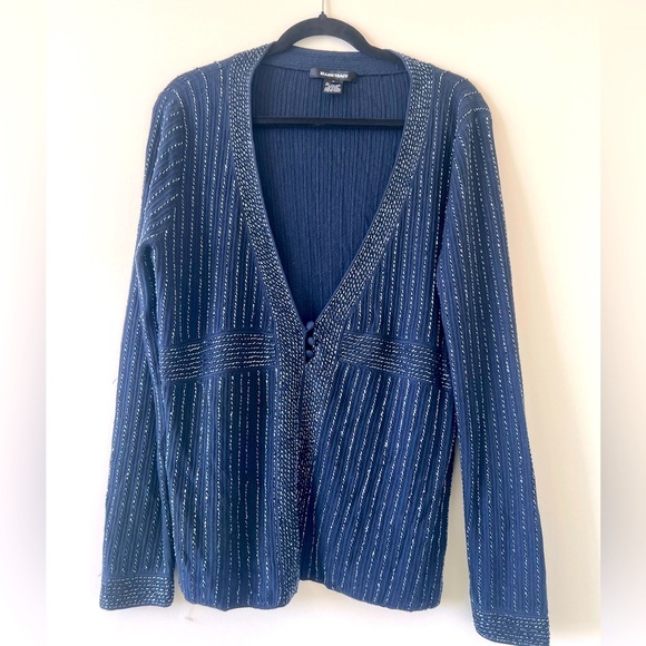 Ellen Tracy Navy Blue Beaded Embellish Full Sleeve Silk/Cashmere Top Size Large - Picture 1 of 13